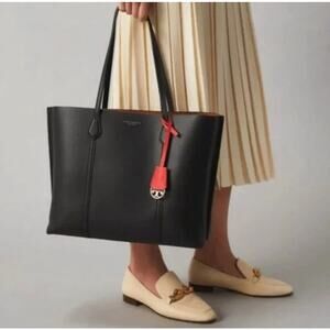 Tory Burch Perry Triple Compartment Tote Shopper Bag Leather Black Red Purse